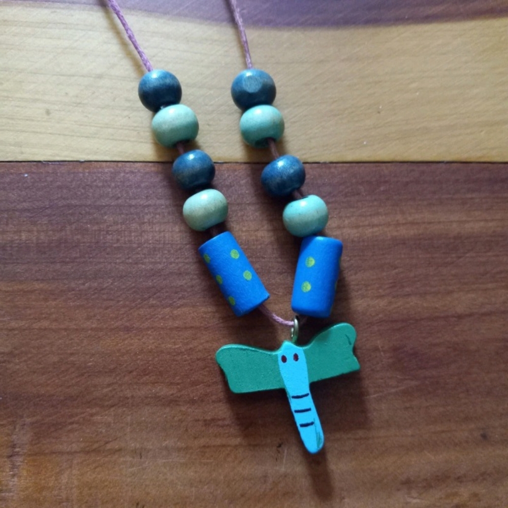 Girls Handmade Wood Bead Dragonfly Necklace